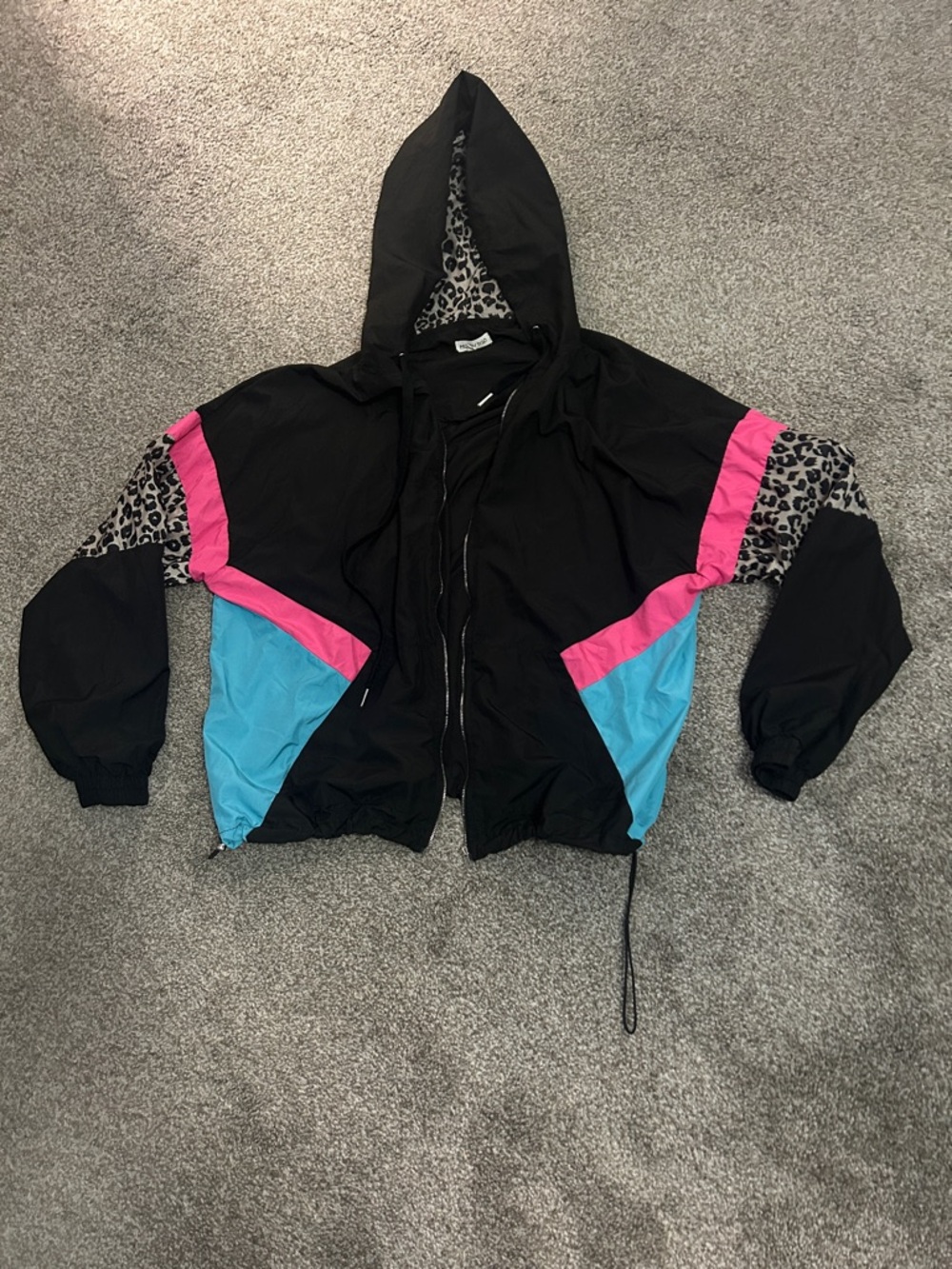 Black Windbreaker Jacket with Pink, Turquoise & Leopard Accents